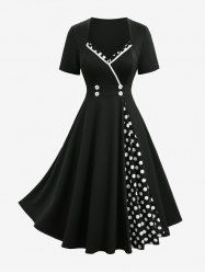 Plus Size Polka Dot Printed Patchwork Button A Line Vintage Dress -  
