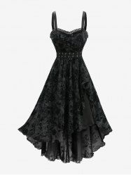 Plus Size Flowers Lace Trim Ruched Ruffles Lace-up Grommets High Low Tank Dress -  