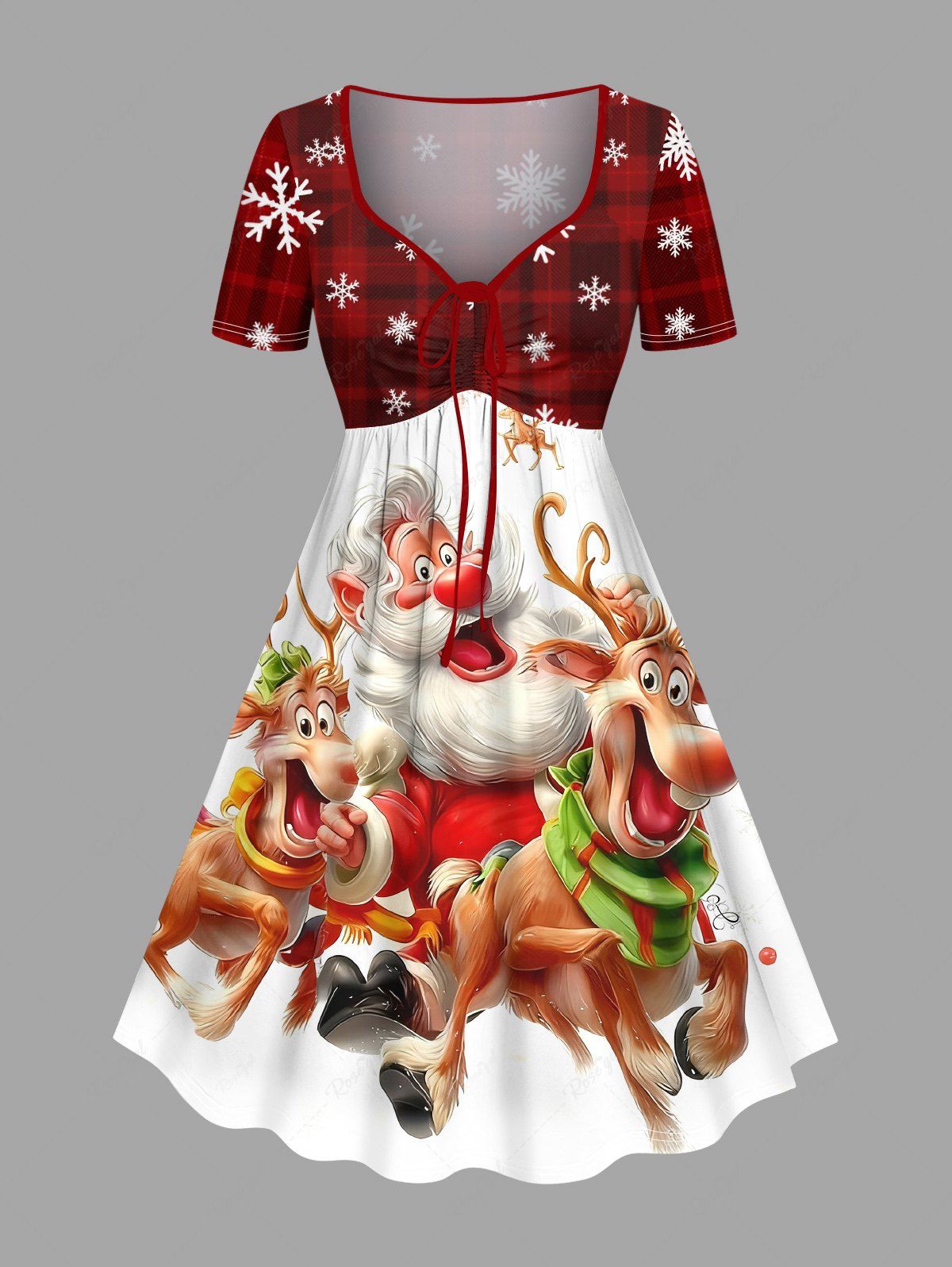 Robe de Noël grande taille à carreaux, motif Père Noël et renne, avec ceinture et imprimé bonbon. Rouge 6X