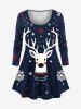 Ensemble pyjama femme grande taille, motif élan et flocons de neige, composé d'un t-shirt à manches longues et d'un pantalon assortis. - Bleu Marine 