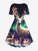 Plus Size Christmas Tree Elk Ball Ombre Aurora Print A Line Dress -  
