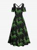 Plus Size Glitter Christmas Tree Elk Print Cold Shoulder Crisscross A Line Maxi Dress -  