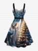 Plus Size Christmas Tree Snowflake Angel Print Button A Line Dress with Removable Belt -  