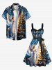 Plus Size Christmas Tree Snowflake Angel Print Button A Line Dress with Removable Belt -  