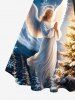 Plus Size Christmas Tree Snowflake Angel Print Button A Line Dress with Removable Belt -  