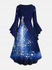 Plus Size Christmas Tree Galaxy Star Musical Notes Print Ruched Flare Sleeves High Low Dress -  