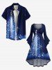 Plus Size Christmas Tree Galaxy Star Musical Notes Print Ruched Flare Sleeves High Low Dress -  
