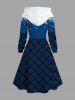 Plus Size Christmas Snowman Snowflake Plaid Colorblock Print Lace Up Drawstring Hoodie Dress -  