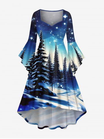 Plus Size Christmas Tree Galaxy Star Print Ruched Flare Sleeves High Low Dress - SKY BLUE - S