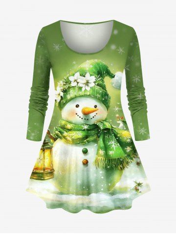 Plus Size Christmas Snowman Snowflake Flowers Print Long Sleeve T-shirt - GREEN - 4X