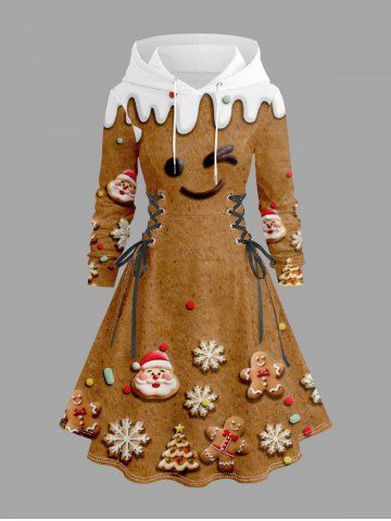 Plus Size Christmas Tree Gingerbread Snowflake Santa Claus Print Lace Up Drawstring Hoodie Dress - LIGHT BROWN - 6X