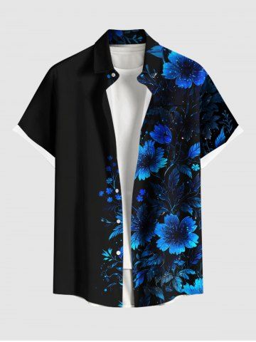 Plus Size Flowers Print Buttons Pocket Hawaii Shirt For Men - BLACK - 5XL