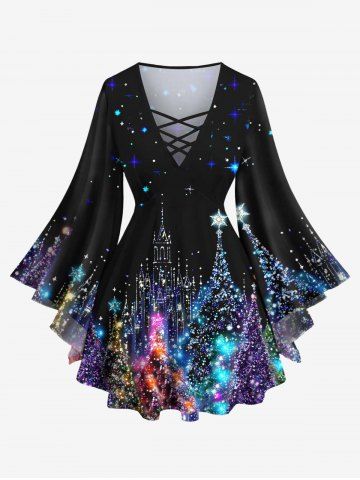 Plus Size Christmas Tree Star Sparkling Sequin Glitter 3D Print Lattice Flare Sleeves T-shirt - BLACK - L