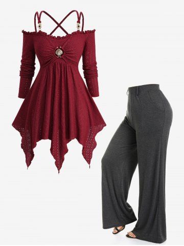 Pointelle Hollow Out Embroidery Jacquard Crisscross Top and High Waisted Wide Leg Pants Plus Size Outfit - DEEP RED