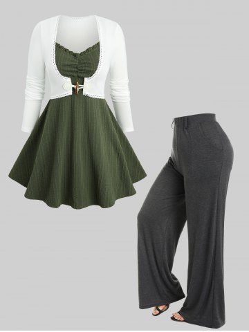 Ruched Ruffles Textured Top And Lace Trim Long Sleeve Top and High Waisted Wide Leg Pants Plus Size Outfit - DEEP GREEN