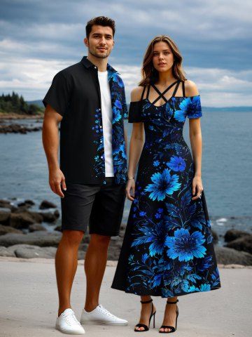 Flowers Print Plus Size Matching Hawaii Beach Outfit For Couples
