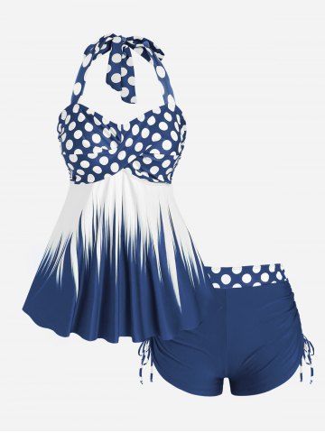Plus Size Polka Dot Halter Twist Cinched Ruched Boyshorts Tankini Swimsuit - DEEP BLUE - M | US 10