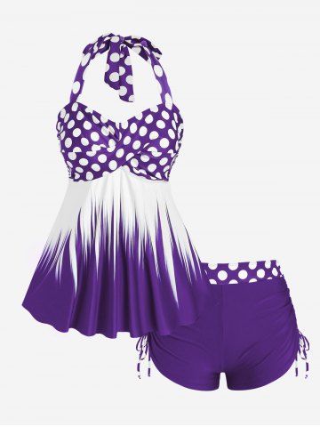 Plus Size Polka Dot Halter Twist Cinched Ruched Boyshorts Tankini Swimsuit - CONCORD - M | US 10