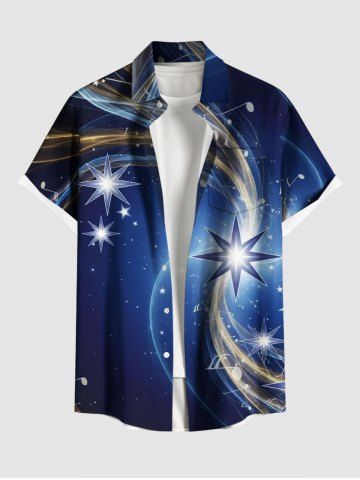 Plus Size Star Light Beam Ombre Galaxy Print Hawaii Button Pocket Shirt For Men - NAVY BLUE - 4XL