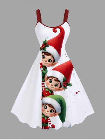 Plus Size Christmas Hat Elf Holly Print A Line Dress - WHITE - 2X