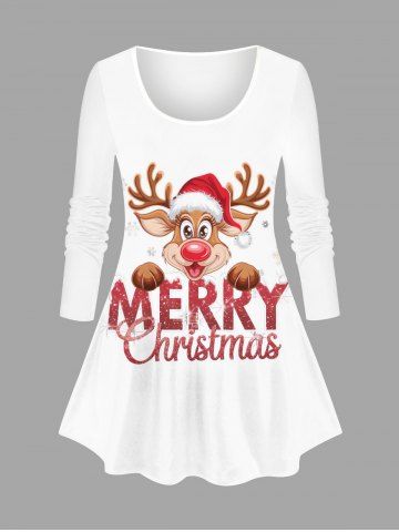 Plus Size Women's Christmas Elk Snowflake Print Long Sleeves T-shirt - WHITE - S