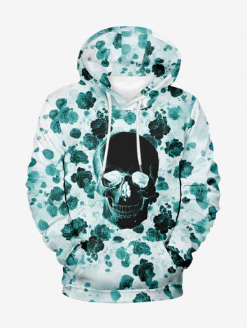 Plus Size Skull Rose Flower Print Pocket Drawstring Hoodie For Men - GREEN - 7XL