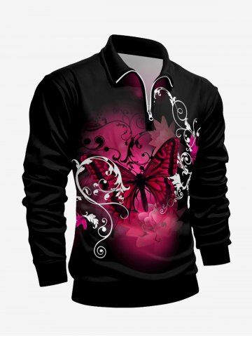 Plus Size Butterfly Flower Print Zipper Polo Shirt For Men - BLACK - XS