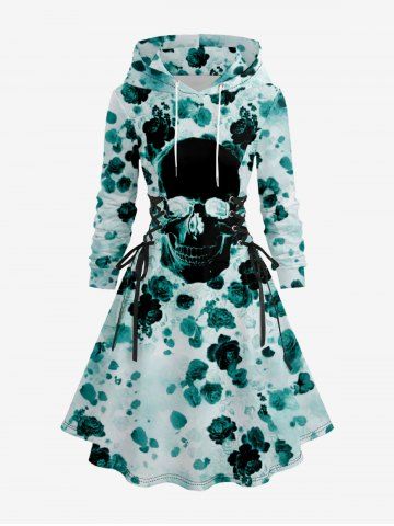 Plus Size Skull Rose Flower Print Lace Up Drawstring Hoodie Dress - GREEN - L