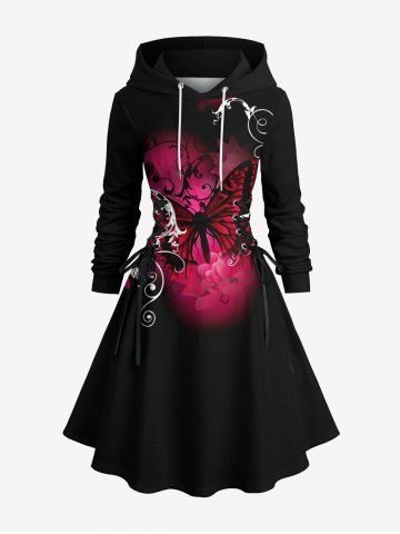 Plus Size Butterfly Flower Print Lace Up Drawstring Hoodie Dress - BLACK - L