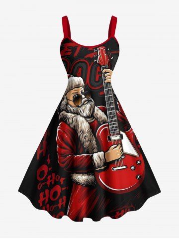 Plus Size Christmas Santa Claus Guitar Letters Print A Line Dress - BLACK - 3X