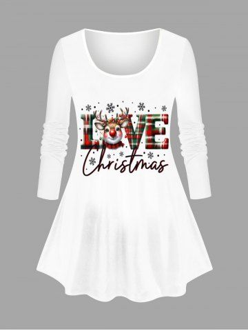 Plus Size Women's Christmas Elk Snowflake Plaid Letters Print Long Sleeves T-shirt - WHITE - 3X