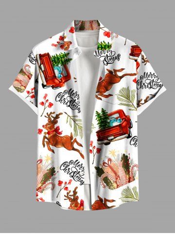 Plus Size Christmas Tree Elk Car Letters Print Button Pocket Shirt For Men - WHITE - S