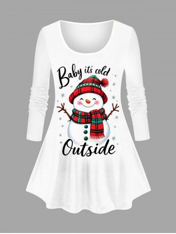Plus Size Women's Christmas Snowman Snowflake Print Long Sleeves T-shirt - WHITE - 4X