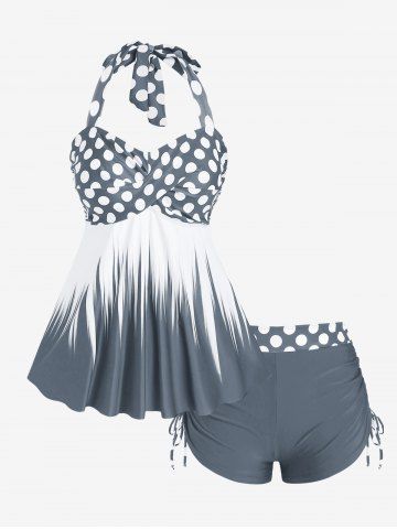 Plus Size Polka Dot Halter Twist Cinched Ruched Boyshorts Tankini Swimsuit - GRAY - 2X | US 18-20
