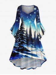 Robe grande taille à imprimé sapin de Noël galaxie étoiles et manches évasées froncées, coupe asymétrique - Bleu Ciel M