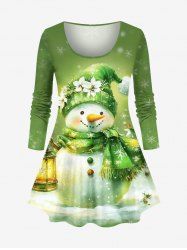 T-shirt à manches longues grande taille avec imprimé bonhomme de neige, flocons de neige et fleurs de Noël - Vert 6X