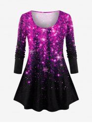 T-shirt à manches longues grande taille avec imprimé flocons de neige ombré à sequins scintillants en 3D - Pourpre  3X