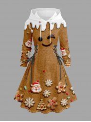 Plus Size Christmas Tree Gingerbread Snowflake Santa Claus Print Lace Up Drawstring Hoodie Dress -  