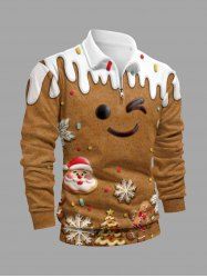 Plus Size Christmas Tree Gingerbread Snowflake Santa Claus Print Zipper Long Sleeve Polo Shirt For Men -  