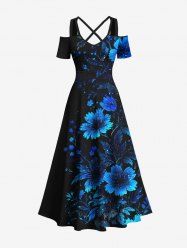 Plus Size Flowers Print Cold Shoulder Crisscross Hawaii Maxi Dress -  