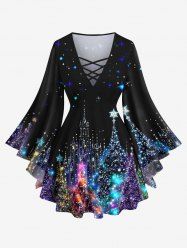 T-shirt grande taille à manches évasées, imprimé 3D à paillettes et sequins scintillants, motif sapin de Noël et étoiles. - Noir XS