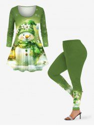 Christmas Snowman Snowflake Flowers Print Plus Size Matching Set -  