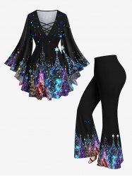 Christmas Tree Star Sparkling Sequin Glitter 3D Print Plus Size Matching Set -  
