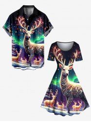 Christmas Tree Elk Ball Ombre Aurora Print Plus Size Matching Outfit For Couples -  