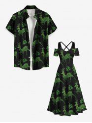 Glitter Christmas Tree Elk Print Plus Size Matching Outfit For Couples -  