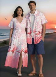Flamingo Tropical Leaf Ombre Print Plus Size Matching Hawaii Beach Outfit For Couples -  