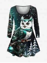 T-shirt à manches longues pour femme, grande taille, motif sapin de Noël, boule, hibou et flocons de neige - Vert profond S