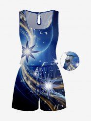 Plus Size Star Light Beam Ombre Galaxy Print Hawaii Drawstring Pocket Romper -  