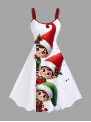 Plus Size Christmas Hat Elf Holly Print A Line Dress -  