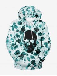 Plus Size Skull Rose Flower Print Pocket Drawstring Hoodie For Men -  